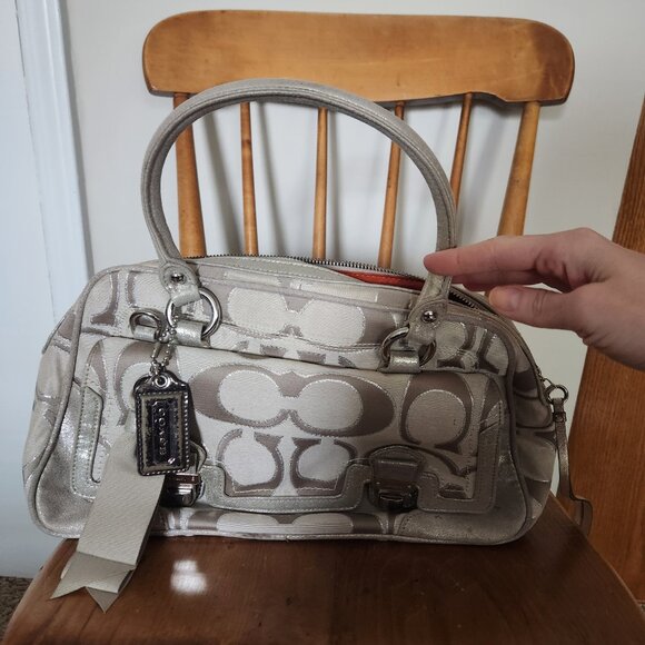 Coach Poppy Signature Sateen Metalic Pushlock Satchel Light Khaki - Picture 2 of 6
